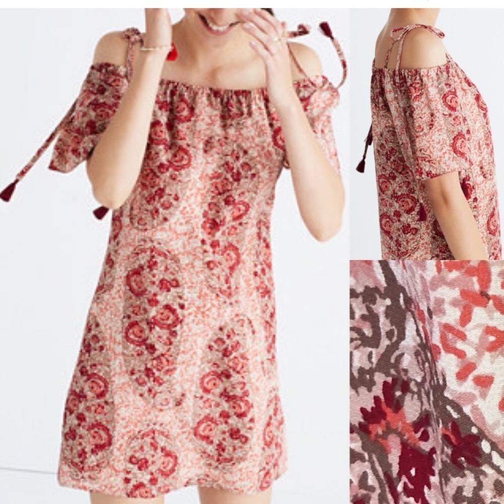 Madewell Watercolor Paisley Silk Cold Shoulder Tassle Tie Strap Pink Dress Small